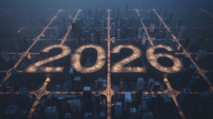 New year 2026 digital technology illustration with glowing clock gears and modern vector design elements
