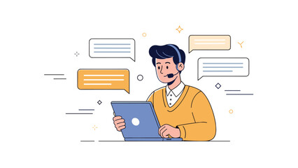 Male customer support representative using laptop with communication icons in background