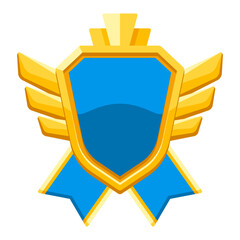 Gold shield with ribbons and wings. Game award for the winners. Illustration of prize for sports competitions.