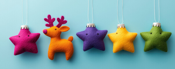 Christmas star ornament reindeer felt colorful hanging decoration festive holiday cheerful blue background