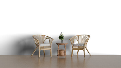 3D Render a couple of chairs sitting next to a table