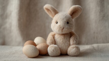 Fototapeta premium Small stuffed toy bunny sitting next to a group of three eggs. the bunny is light brown in color and has two large ears that are pointed upwards.