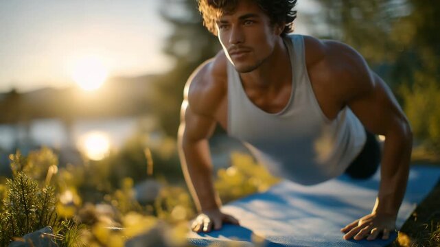 Focused man doing pushups on blue yoga mat surrounded by nature, sunset light flaring through trees, serene environment symbolizing determination and endurance