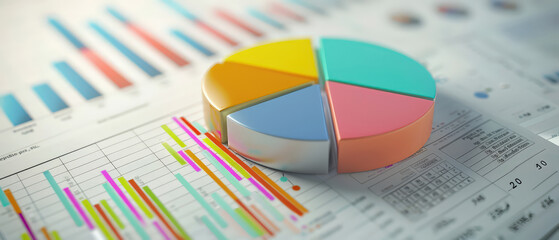 Vibrant 3D pie chart placed on financial documents with bar and line graphs, representing data analysis, reporting and business performance metrics.