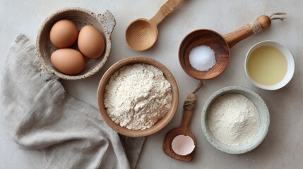 Flat lay of various baking ingredients and utensils arranged on a light grey background. on the left side of the image, there is a white ceramic bowl with four brown eggs in it.