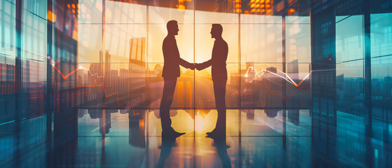 Silhouettes of two business professionals shaking hands in a modern city office at sunset, symbolizing partnership, cooperation, negotiation, and successful corporate agreement in a urban environment.