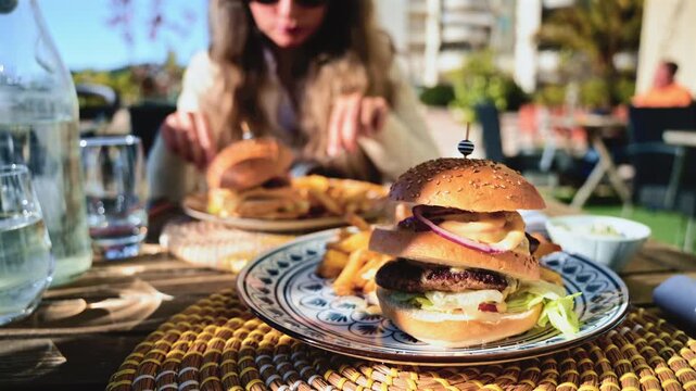 Gourmet burger served on a patterned plate in bright daylight, with blurred restaurant terrace in the background