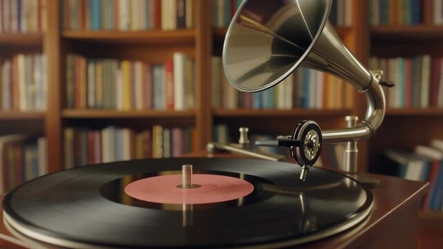 Old gramophone on a book with vintage records and music equipment