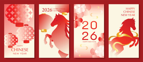 Chinese New Year 2026 horse vector greeting card illustration with red lanterns golden ribbons and floral gradient background. Festive lunar new year design for invitation poster banner decoration. © TWINS DESIGN STUDIO