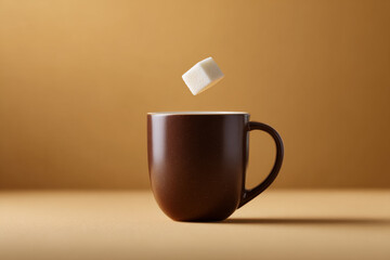 A simple warm backdrop highlighting a ceramic mug and levitating sugar cube in a clean visual