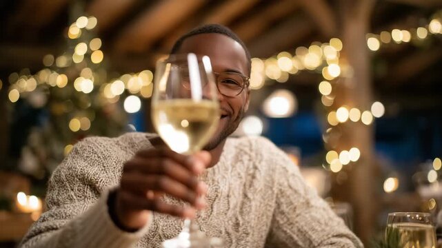 Happy young man with glasses toasting with wine at holiday dinner, family sharing stories around table, shimmering ornaments and tree lights create magical glow