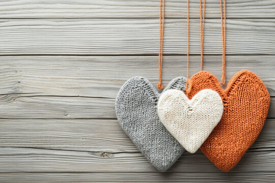 Christmas heart ornament decoration with knitted texture in gray white and orange hanging on rustic wooden background - Powered by Adobe