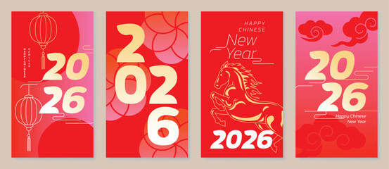 Naklejka premium Chinese New Year 2026 horse vector greeting card illustration with red lanterns golden ribbons and floral gradient background. Festive lunar new year design for invitation poster banner decoration.