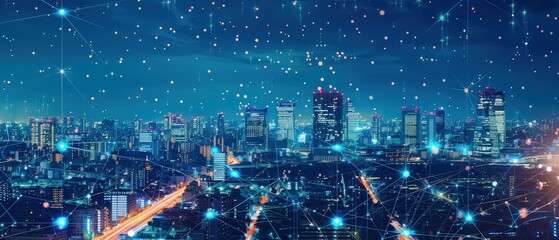Futuristic neon city filled with glowing data streams and digital lights, showing advanced technology, cyber systems and modern urban innovation.