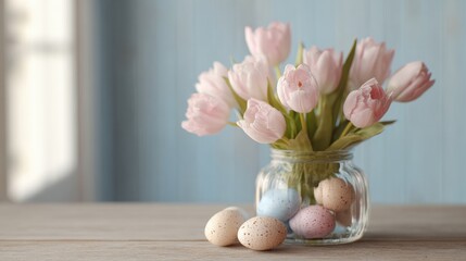 Glass vase with a bunch of pink tulips in it. the vase is placed on a wooden table with a light blue background.