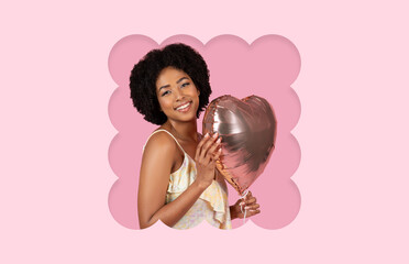 A joyful woman holds a shiny heart-shaped balloon while smiling brightly. The soft pink background adds a playful touch to the collage, enhancing the atmosphere of celebration.