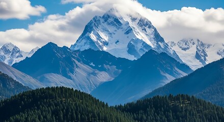 Majestic mountain range with snow-capped peaks against a blue sky with fluffy white clouds, capturing the natural beauty.