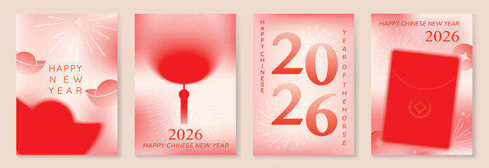Naklejka na ściany i meble Chinese New Year 2026 horse vector greeting card illustration with red lanterns golden ribbons and floral gradient background. Festive lunar new year design for invitation poster banner decoration.