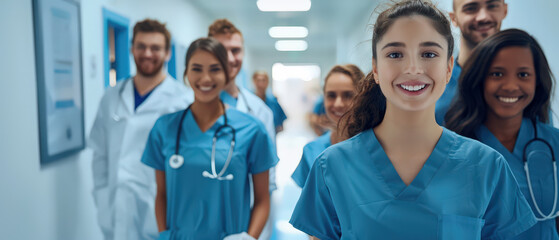 A diverse group of smiling healthcare workers walking through a bright hospital corridor, representing teamwork, medical support, professional care and a positive clinical environment.