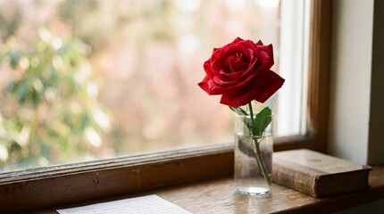 Single red rose in a glass vase on a wooden windowsill next to a vintage book and a handwritten letter