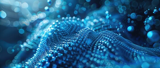 Abstract blue particle wave made of glowing nano dots with soft bokeh, creating a futuristic digital texture and dynamic motion effect that suggests technology and fluid energy.