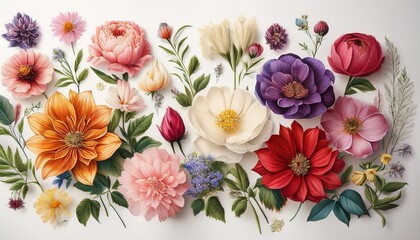 Intricate Vintage Botanical Illustration Of Various Flowers On A White Background