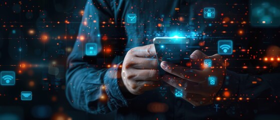 A man using a smartphone surrounded by glowing futuristic digital icons, representing connectivity, technology, mobile communication and modern data interaction in a high-tech virtual environment.