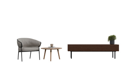 3D Render a chair and a table with a plant on it