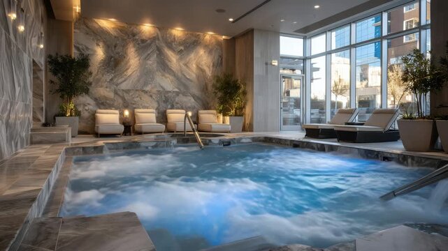 High-end cryotherapy spa scene with cold immersion pool filled with ice, neutral tones, glowing lights, and tranquil lounge chairs creating balanced luxurious serenity