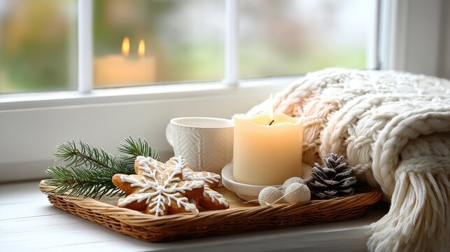 Soft candlelight shines beside a plate of cookies and greenery, with warm hues from autumn leaves visible through the window - Powered by Adobe