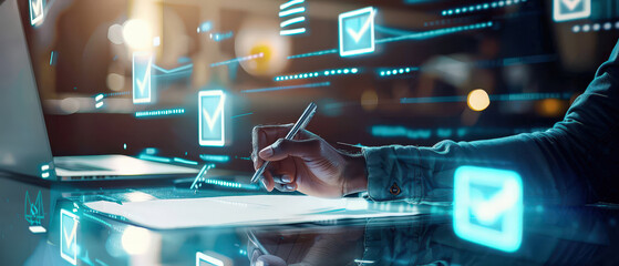 A person writing on paper with floating digital checklist icons, representing task management, workflow organization and modern documentation processes in a tech-driven workspace.