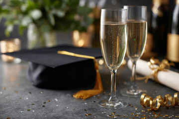 Festive golden ribbon spiral Christmas tree with star on blue backdrop
