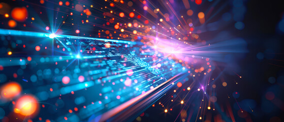 Vibrant digital data flow with glowing blue and orange light beams, bokeh particles and dynamic abstract lines, representing technology, speed, communication and high-tech information transfer.