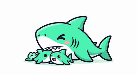 Fototapeta premium Cute cartoon shark family with happy parent and two adorable baby sharks.