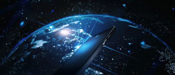 Futuristic smartphone receiving satellite signals above Earth, with glowing digital beams, global communication, space technology, and high-tech data transfer visualized in deep blue tones.