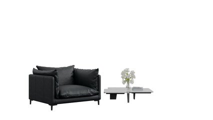 Fototapeta premium 3D Render a black chair and a white table with flowers