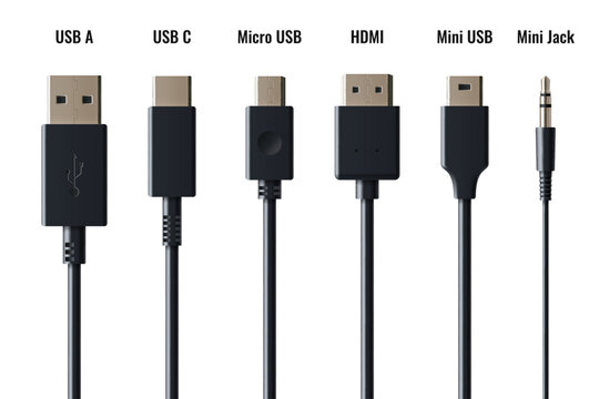 USB connector collection with various cable types - USB A and C, micro and mini, HDMI and audio jack. Realistic 3D black cables equipment with chrome ports for device charging and data connection.