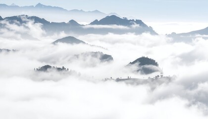Mountain peaks emerge from a sea of clouds, creating a serene and misty landscape