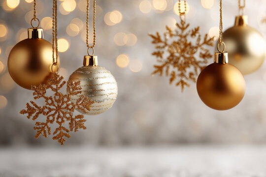 A tall arrangement of intricate gold ornaments and ornate snowflakes floats against a soft neutral background for an upscale seasonal vibe. - Powered by Adobe