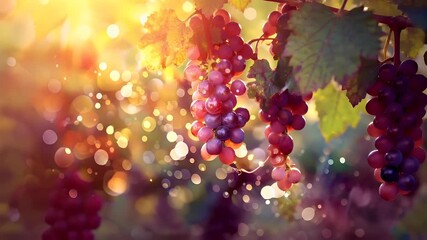 A closeup of a bunch of grapes with a bokeh effect in the background. The grapes are in various stages of ripeness, with some hanging upside down. The colors are vibrant.