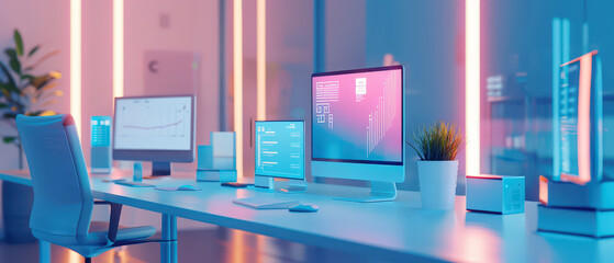 Futuristic neon workspace with multiple monitors, glowing digital dashboards and soft ambient lighting. Modern tech desk setup with colorful screens and a clean minimal environment.