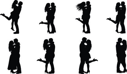 Romantic couples in love kissing and hugging silhouettes vector set, man and woman embracing passionately, expressing intimacy and affection, flat black icon.