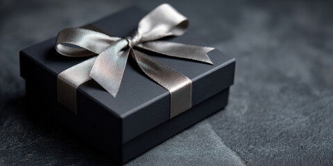 Luxury black box tied with satin ribbon placed on a simple dark background