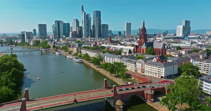 Aerial view of the skyline of Frankfurt, Germany, river Main and the financial skyscrapers 