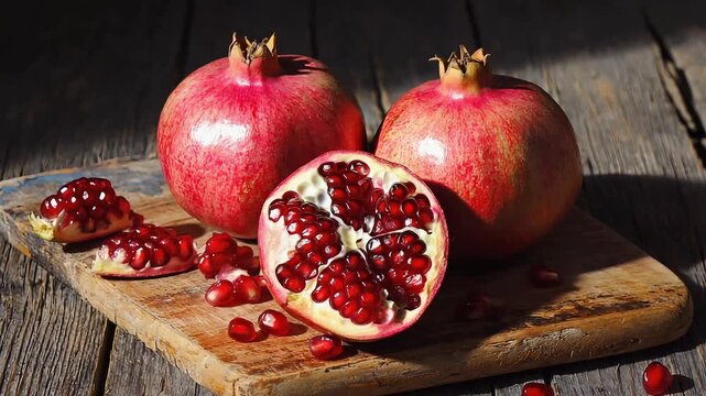 Fresh Whole and Halved Pomegranates with Red Arils on Rustic Wooden Surface