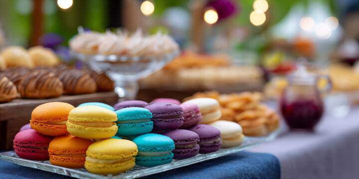 A vibrant row of assorted macarons arranged neatly as a cheerful party dessert display - Powered by Adobe