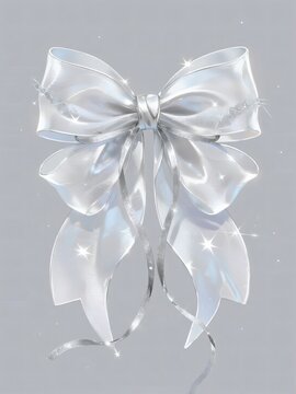 Elegant light and silver transparent ribbon bow, adorned with sparkling stars and sheer texture decoration accessories Laser Gloss