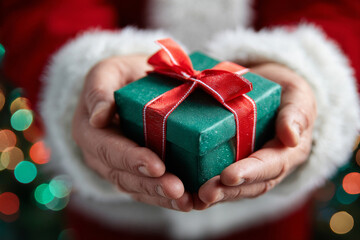 A close-up of Santa�s hand holding a green present tied with a bright red bow
