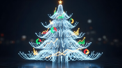 
Digital Christmas Tree with Financial Data Charts Graphs and Stock Market Analytics for Business Holiday Concept