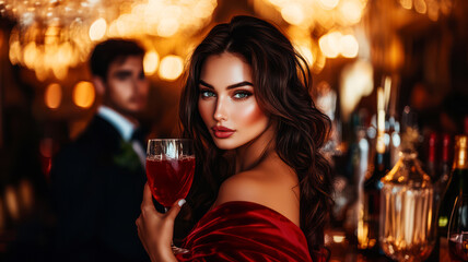 Stunning young lady in a bar. A man is looking at her. He feels attracted